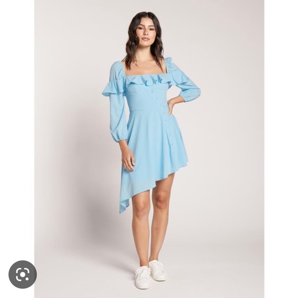 Square-Neck Ruffle Blue Asymmetrical Dress